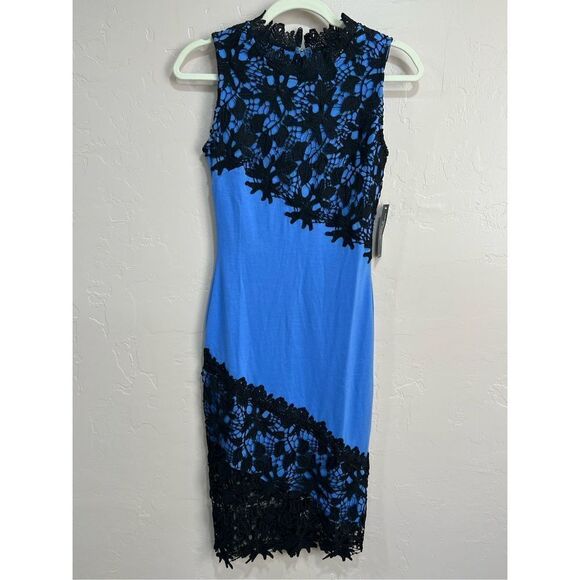 NWTs Venus Blue and Black Lace Bodycon Midi Dress - Picture 1 of 4